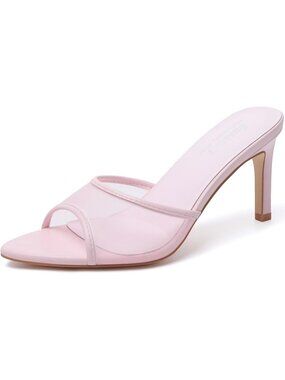 Women's Pink Mesh Mule High Heels Pointed Open Toe Sexy Slip on Casual Shoes